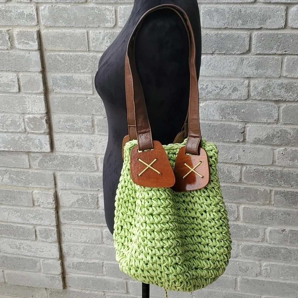 Retro 70s bag boho crepe paper green wood purse stripped bohemian purse …